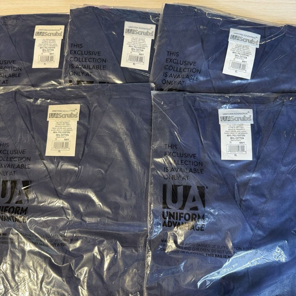 Lot Of 5 Uniform Advantage Scrub Tops V Neck NWT Navy Blue #71 Polyester Cotton